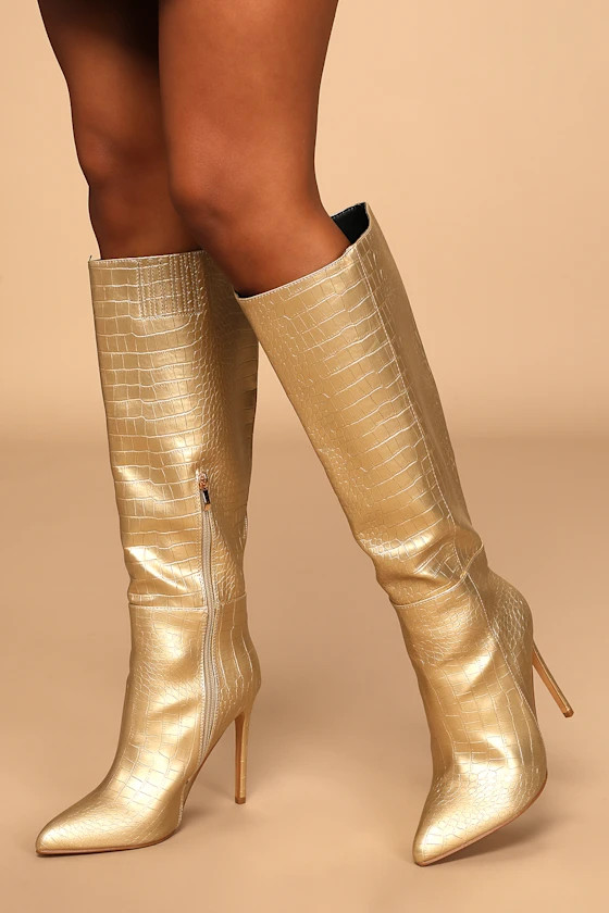 Roksanne Metallic Gold Snake-Embossed Knee-High Boots | Lulus (US)