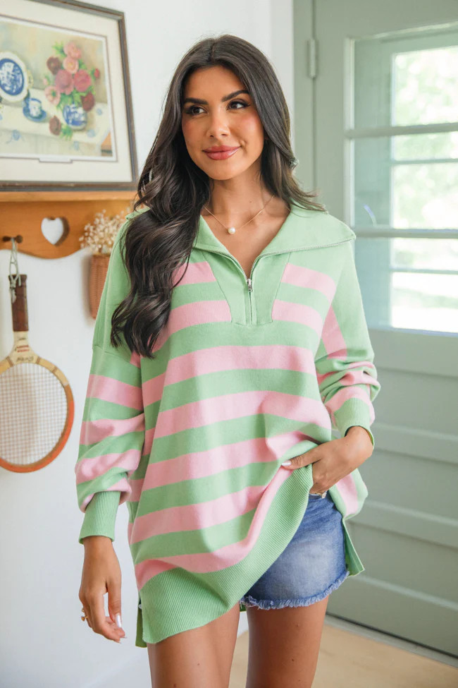 Pulling Heartstrings Green and Pink Striped Quarter Zip Pullover SALE | Pink Lily