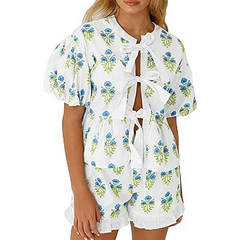 Aoysky Womens Floral 2 Piece Short Sets Summer Vacation Outfits Puff Sleeve Babydoll Blouse Ruffl... | Amazon (US)