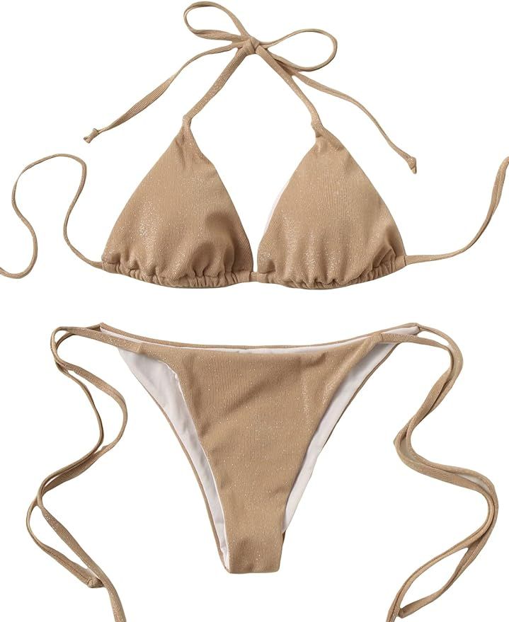 Milumia Women's 2 Piece Halter Triangle Bikini Set Tie Back Stretchy Hipsters Swimsuit | Amazon (US)
