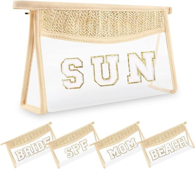 Small Boho Straw Clear Sun Makeup Bags for Women&Girls, Zipper Cosmetic Bag Chenille Varsity Lett... | Amazon (US)