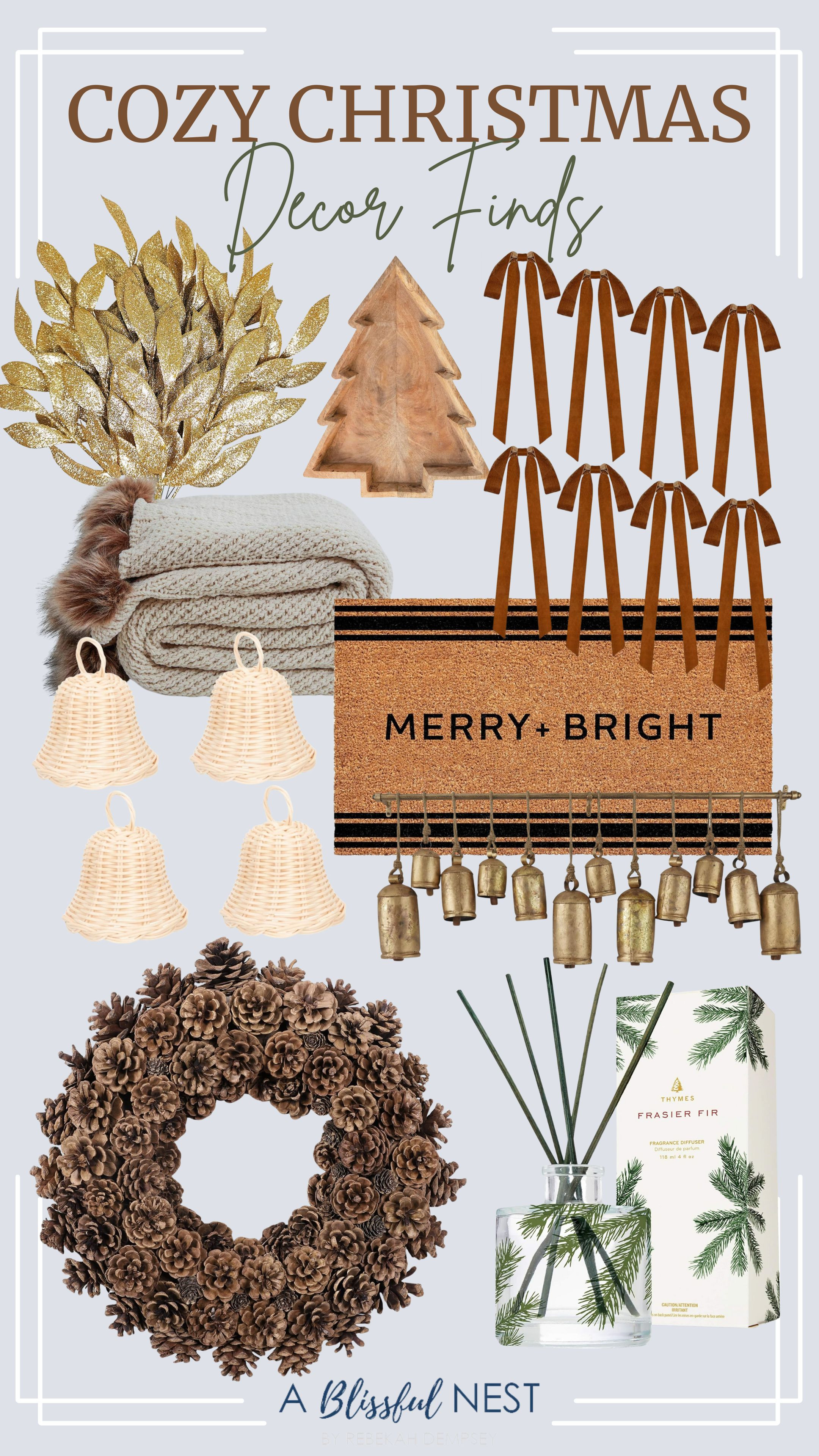Rustic tones meet holiday magic for the perfect cozy vibe. Shop your favorites here!
decorative rattan bell ornament, knit throw blanket, velvet swag bows, metal decorative cow bells, coco coir door mat, diffuser set, gold glittered artificial leaf, mango wood tree shaped tray, pine cone wreath 

 #LTKHoliday #LTKHome #LTKFindsUnder100