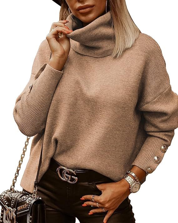 dowerme Women's Fall Turtleneck Sweaters 2023 Casual Button Long Sleeve Loose Ribbed Knitted Plai... | Amazon (US)