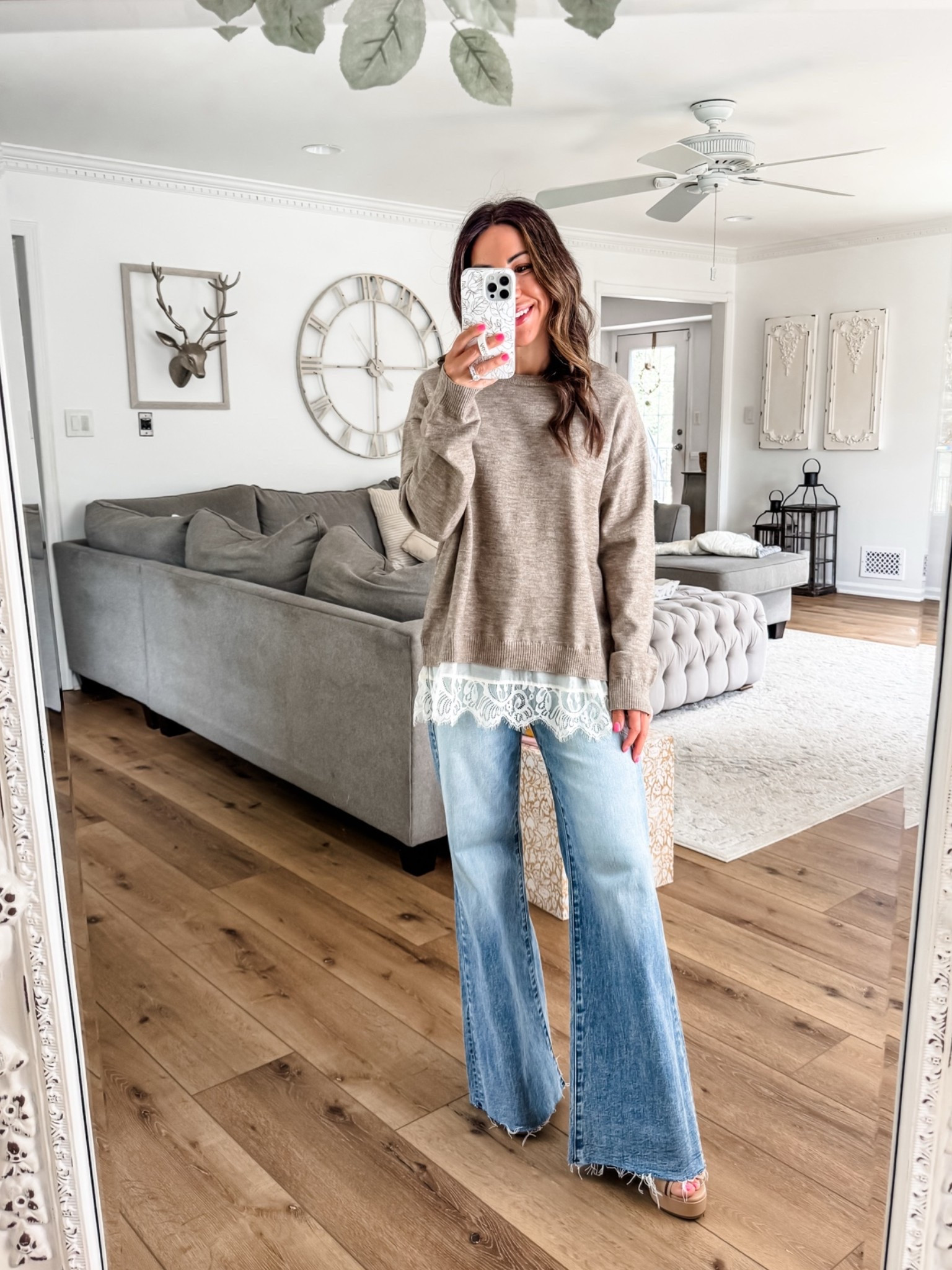 Small sweater. Wide leg jeans, 24. I sized down.

#LTKOver40 #LTKPetite