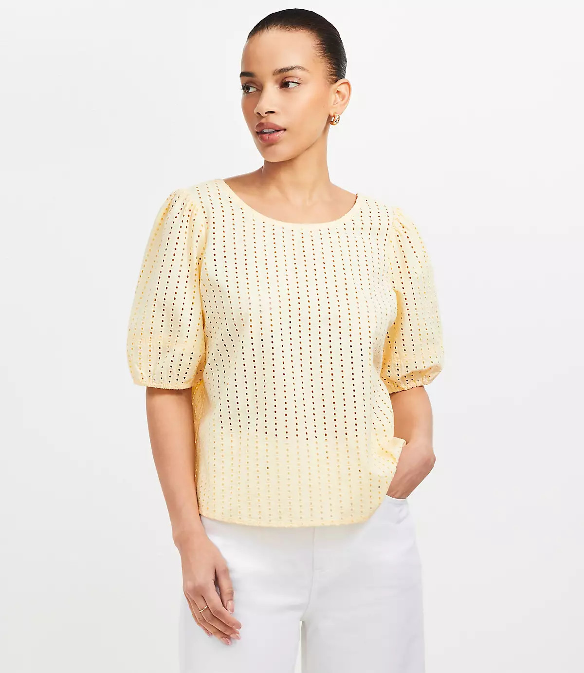 Eyelet Cutout Back Bubble Sleeve Top | LOFT