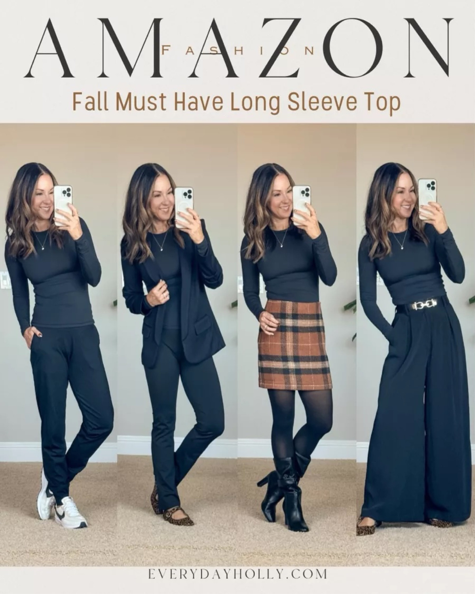 Amazon Barely there super soft double lined slim fit long sleeve top size XS in black, For reference: I'm 5'1", 109lbs, petite friendly joggers XS, petite friendly wide leg trousers XS short, 4 pack stretch belts, lights, scrunch boots TTS, Leopard mary jane flats TTS if in-between sizes go up 1/2. Fall outfits, fall capssule wardrobe. Plaid Skirt with built in shorts small, blazer XS  EverydayHolly

#LTKstyletip #LTKover40 #LTKSeasonal