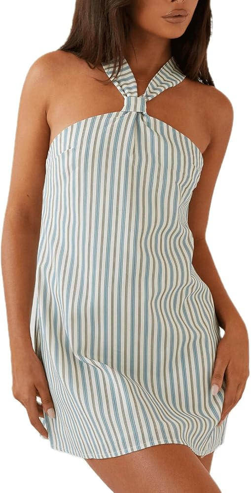 Women Y2k Halter Mini Dress Cowl Neck Sleeveless Backless Short Dress Floral Printed Club Party C... | Amazon (US)