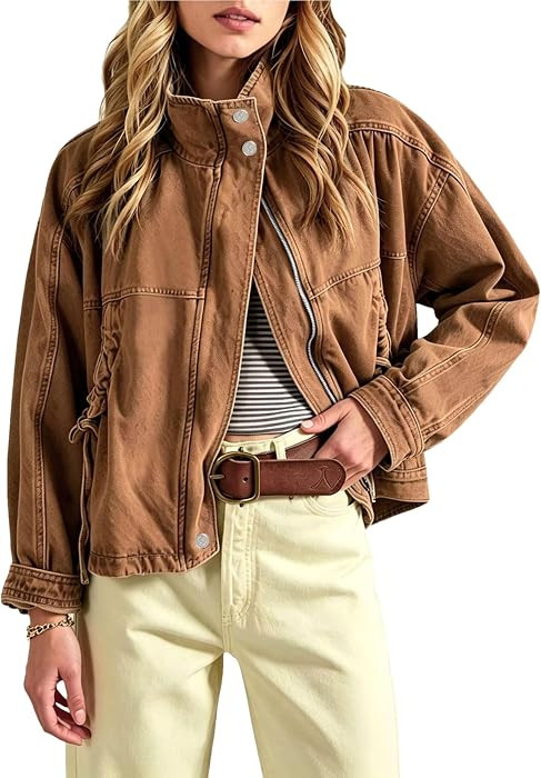 Wanzetaly Women's Cropped Barn Jacket Fall Casual Stand Collar Cargo Jacket Cotton Coats with Pockets | Amazon (US)
