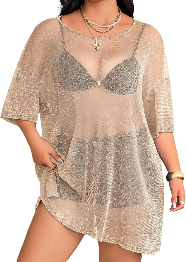 WDIRARA Women's Plus Size Sparkle Mesh Y2K Tee Top | Loose Drop Shoulder, Party Club Wear, T Shir... | Amazon (US)