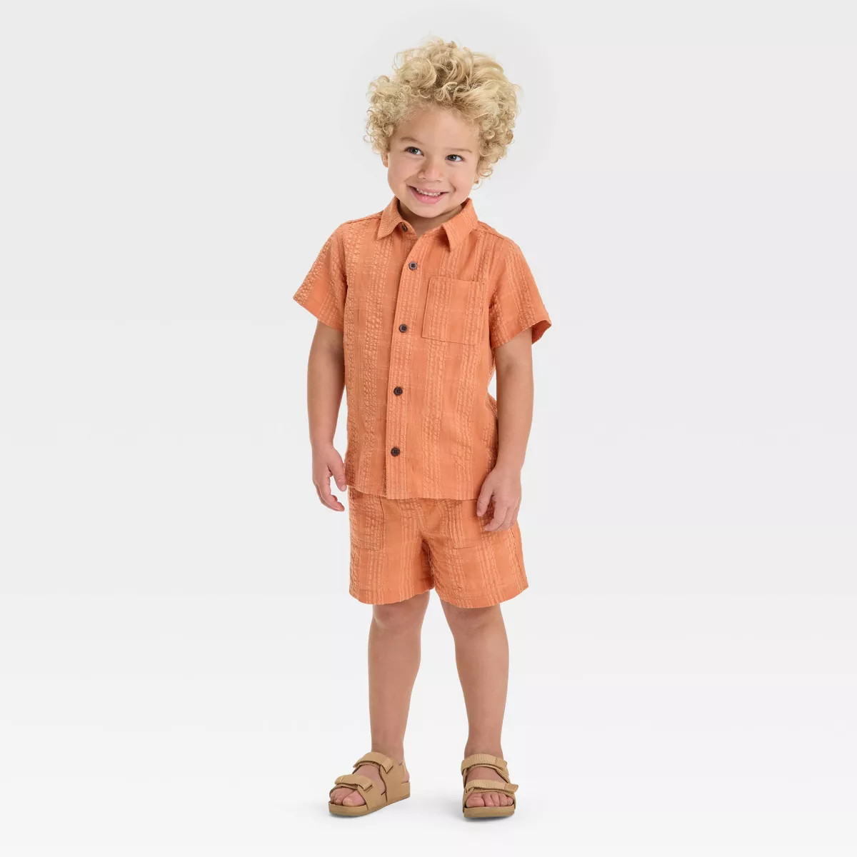 Toddler Boys' Seersucker Short Sleeve Button-Up and Pull-On Shorts Set - Cat & Jack™ Coral Oran... | Target