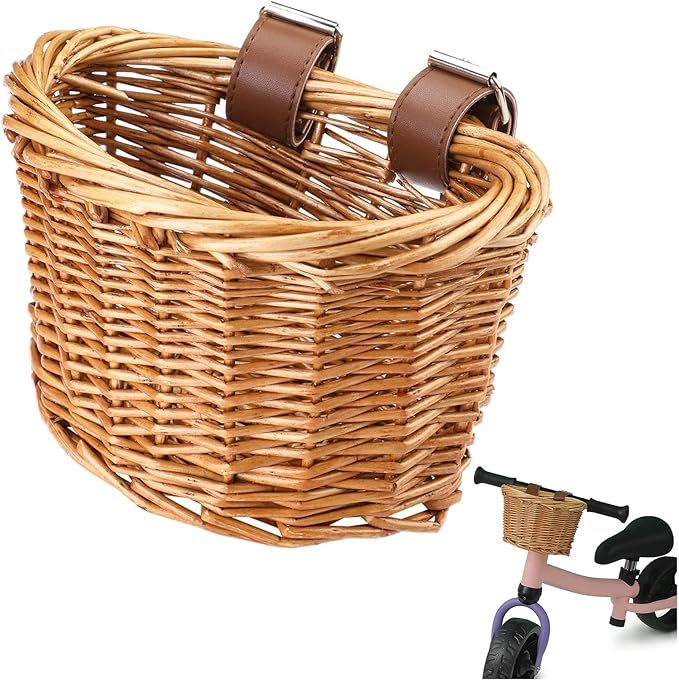 Kids Bike Basket with Adjustable PU Belts, Wicker Bike Baskets Handmade Woven Rattan Bike Basket ... | Amazon (US)