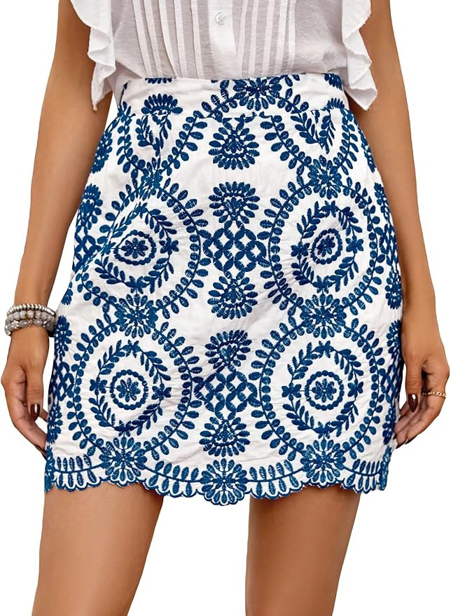 WDIRARA Women's Boho Tribal Print Scallop Trim Summer Zipper Bodycon Mini Skirt | Amazon (US)