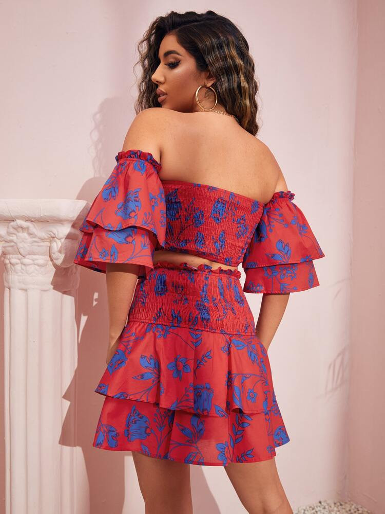 SHEIN SXY Off Shoulder Shirred Floral Top & Layered Skirt Set | SHEIN