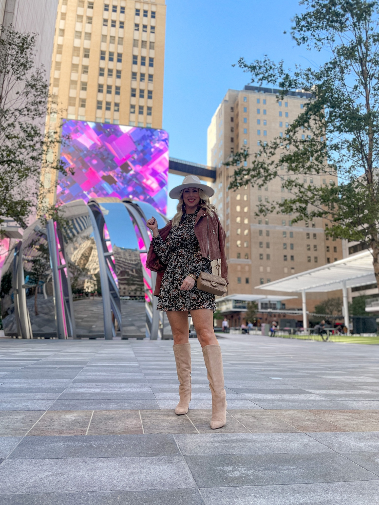 LTK con outfit, lulu dress, fall floral dress, suede moto jacket 

#LTKunder100 #LTKSeasonal #LTKCon