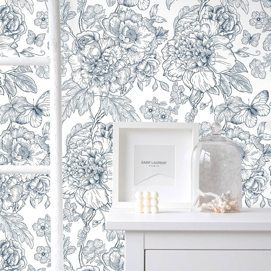 Navy Floral Wallpaper Peel and Stick Blue Contact Paper for Cabinets and Drawers Self Adhesive Re... | Amazon (US)