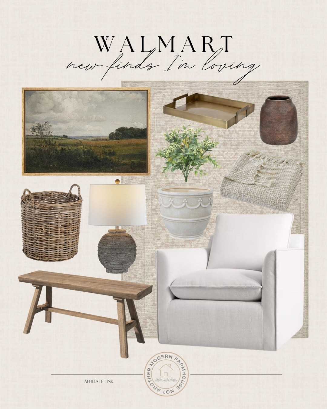 Walmart home finds I’m loving lately. 🌿 Cozy neutrals, warm wood tone and timeless decor pieces that make it easy to refresh your space for less.

Walmart home finds, affordable home decor, neutral living room style, modern farmhouse decor, wood bench seating, woven storage basket, table lamp lighting, decorative planter pot, faux greenery stems, brass serving tray, cozy throw blanket, framed landscape art, accent chair furniture. 

 #LTKHome