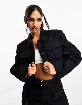 ASOS DESIGN mega crop formal jacket with patch pockets in navy | ASOS (Global)