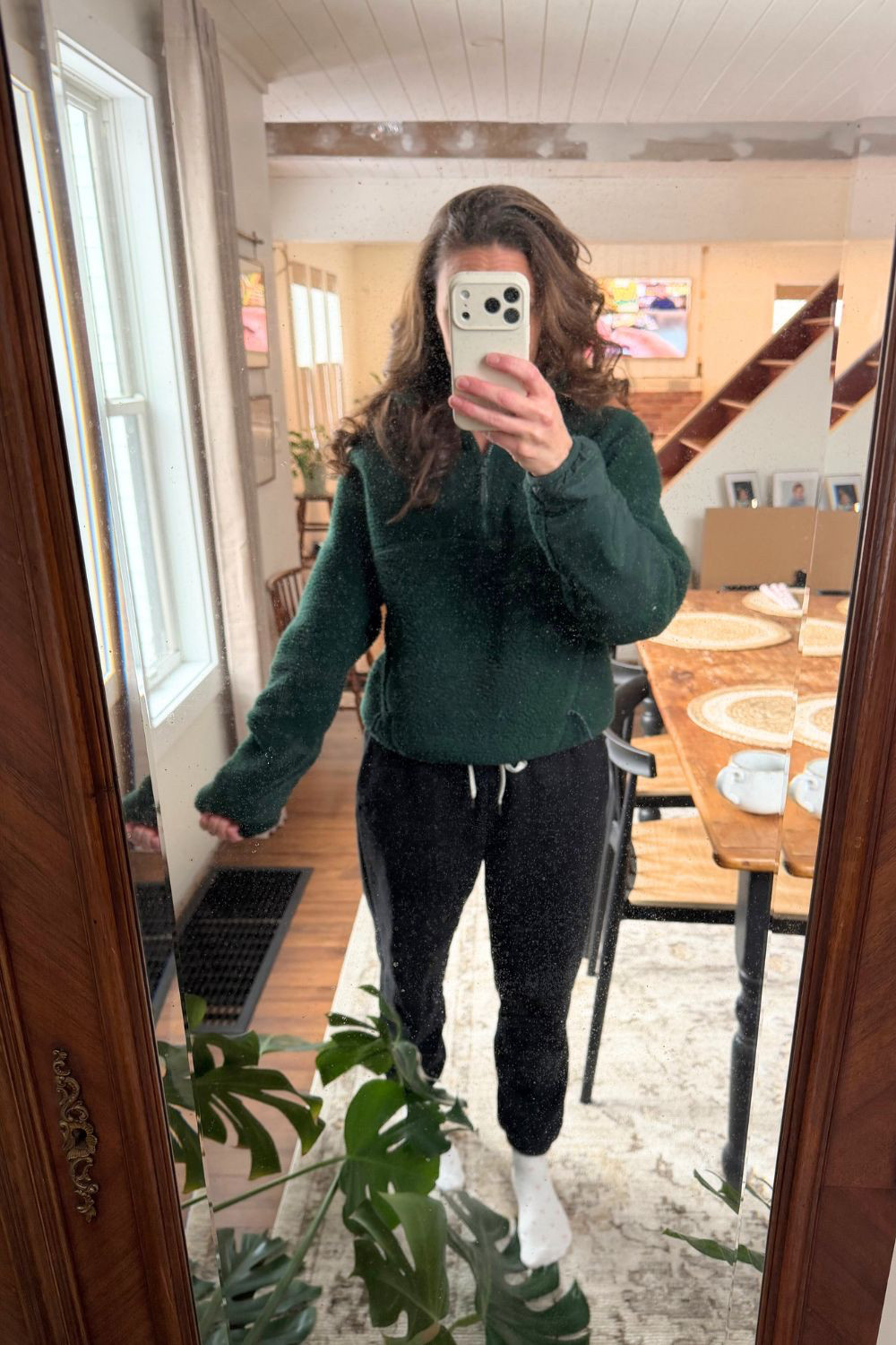 This one passes the cozy test!! This fleece is so warm, but not so bulky that I can't get a jacket on.

Even did my hair ...  in less than 10 minutes... without any product!! 

I love mixing a cozy outfit with curled hair. 

Don't forget the frilly socks :)

Wearing: 
size XS in the fleece (sm worked too)
size SM in the sweats. 

 #LTKootd #LTKmomlife #LTKPetite