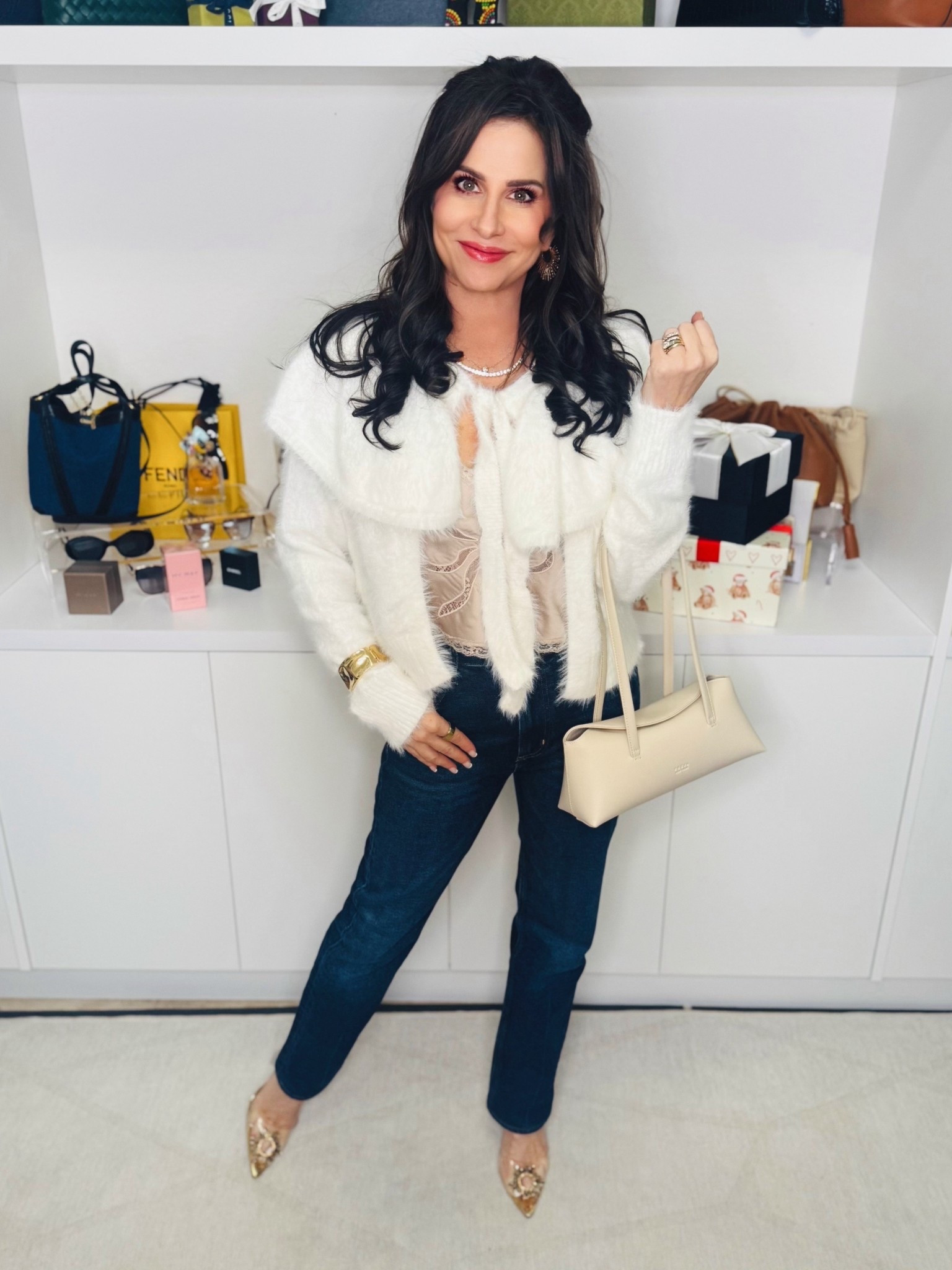 A fun winter look for when it is not that cold . Cami med , tie sweater sm , jeans 25 . Heals - went up 1/2 size . #casualwhitewinterlook #holidaypartyinspo 

#LTKSaleAlert #LTKSeasonal #LTKOver40