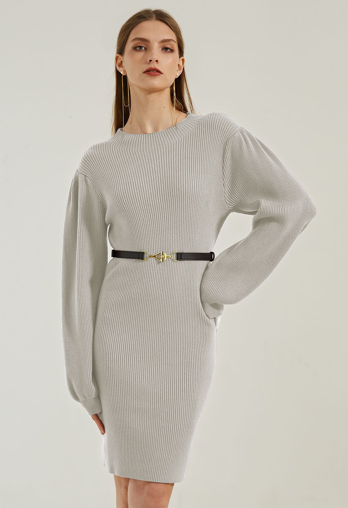 Lantern Sleeve Round Neck Ribbed Sweater Dress in Sand | Chicwish