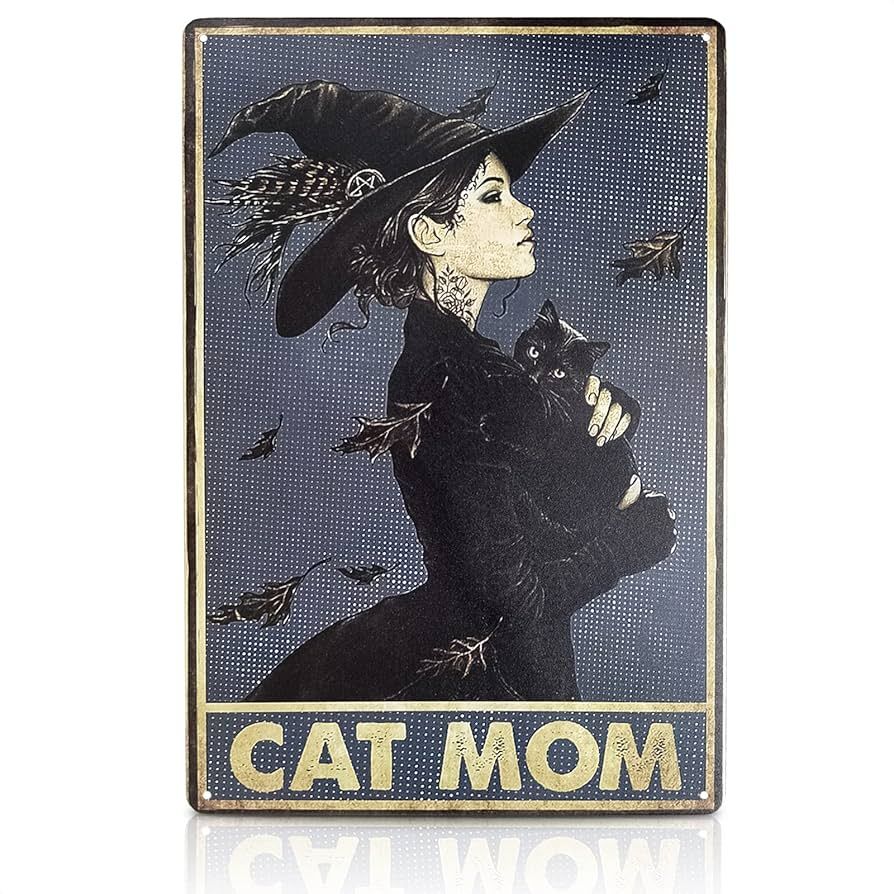 Cat Mom Wall Art Metal Signs Vintage - Witch Cat Halloween Decorations Indoor Metal Sign Room Dec... | Amazon (US)