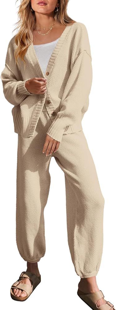 Yanekop Womens Two Piece Outfits V Neck Button Down Cardigan Sweater Sets Cozy Knit Loungewear Se... | Amazon (US)