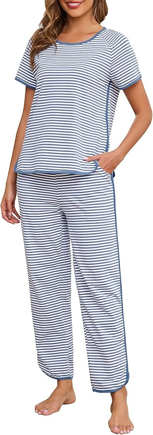 Women's 2-piece cotton pajama set, striped short-sleeved pajama set, comfortable sleepwear with p... | Amazon (US)