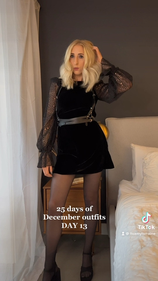Edgy look, harness styling, all black outfit, holiday outfit 