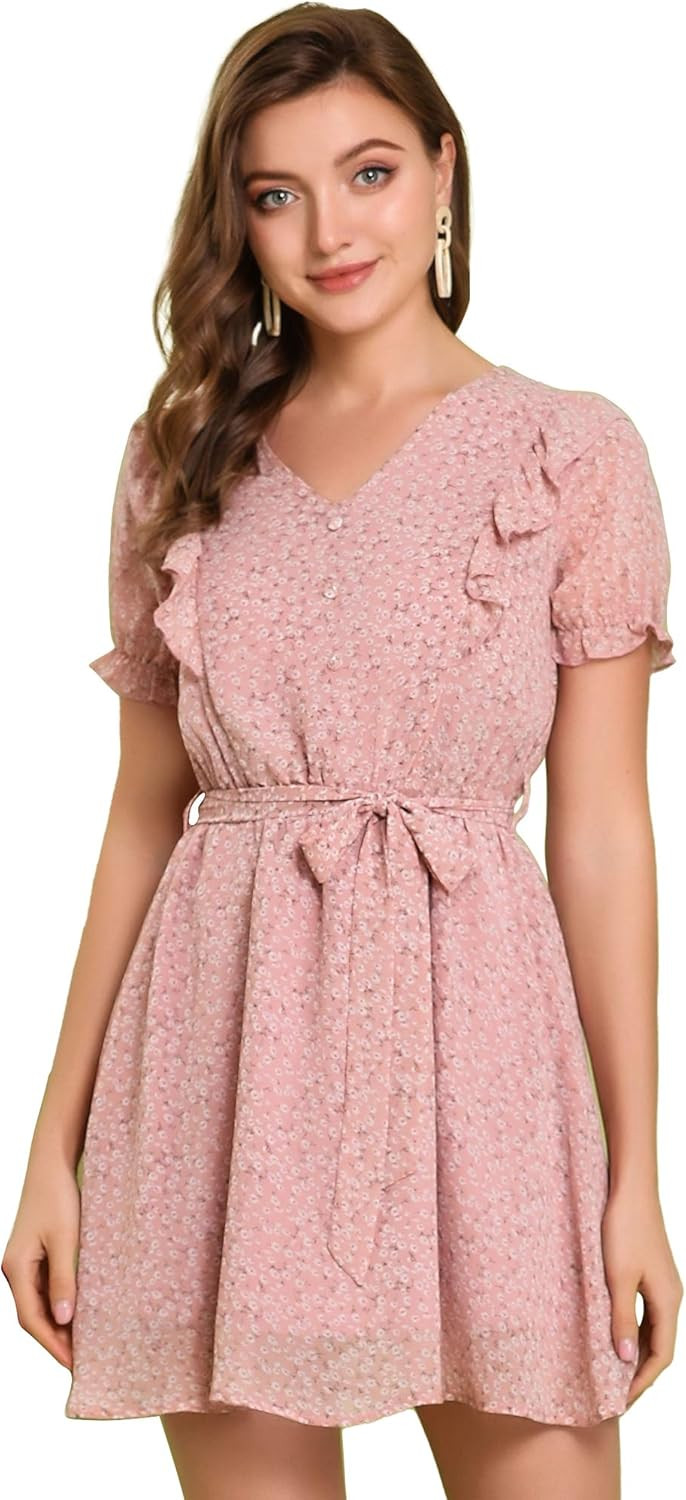 Allegra K Women's Floral Ruffle Trim V Neck Tie Waist Chiffon Dress | Amazon (US)