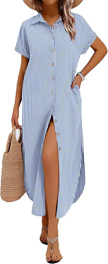 Zeagoo Womens Dresses Casual Summer Short Sleeve Button Down Long Shirt Dresses Swimsuit Beach Co... | Amazon (US)