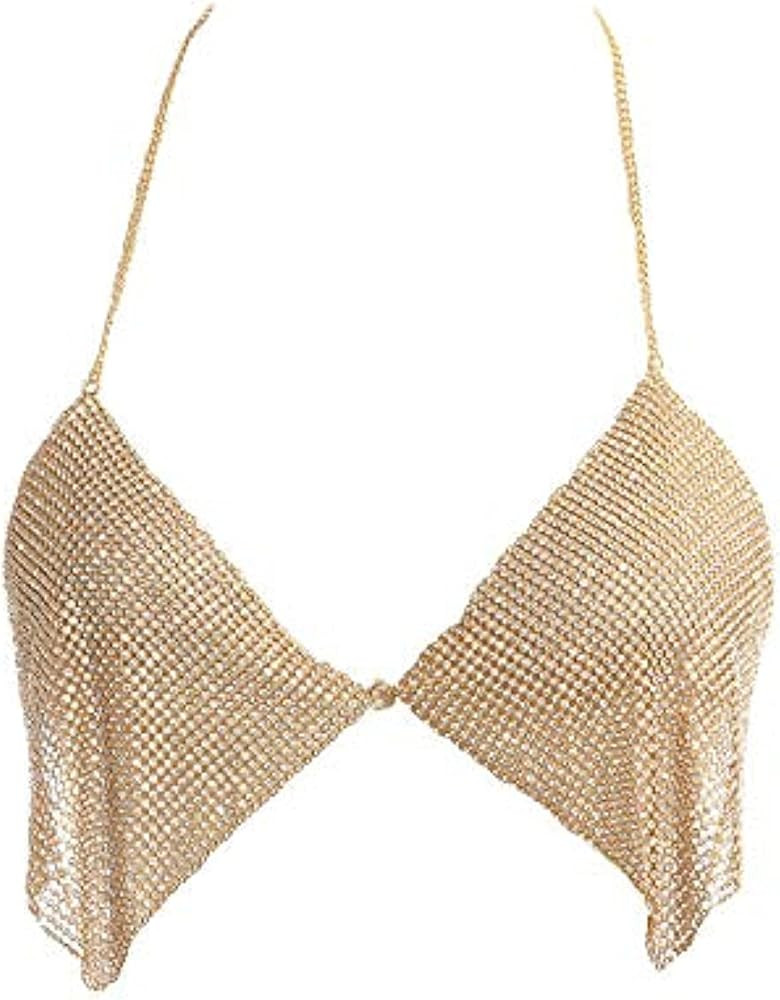 Fstrend Rhinestones Bar Top Body Chains Gold Crystal Sequins Nightclub Bikini Rave Dance Belly Da... | Amazon (US)