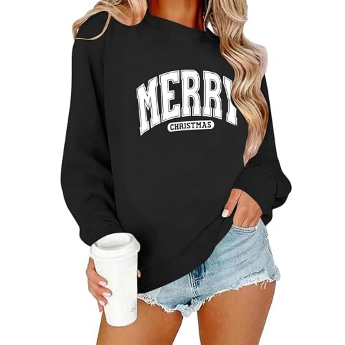 Christmas Sweatshirts For Women Merry Xmas Letter Printed Sweatshirt Long Sleeve Holiday Outfits Black cute christmas sweaters for women M | Amazon (US)
