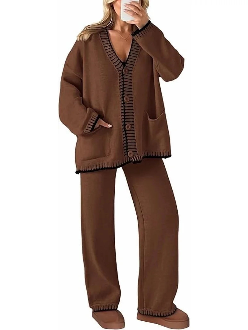 PRETTYGARDEN Women's 2 Piece Outfits Knit Matching Lounge Sets Long Sleeve V Neck Cardigan Sweate... | Walmart (US)