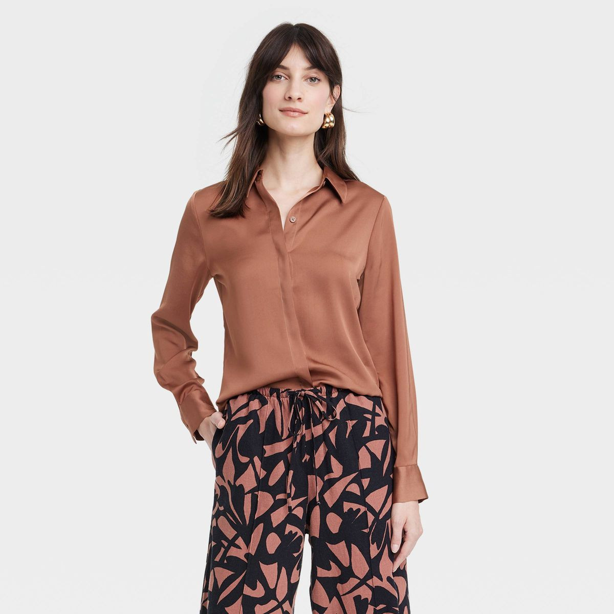 Women's Slim Fit Long Sleeve Satin Button-Down Shirt - A New Day™ | Target