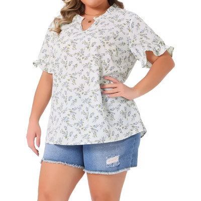 Women's Plus Size Floral Ruffle V Neck Puff Short Sleeve Summer Casual Blouse - Agnes Orinda 1X White | Target