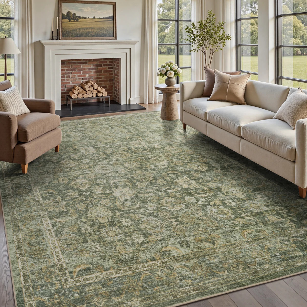Soft Non-Slip Washable Vintage Floral Area Rug Sage Green | Wayfair North America