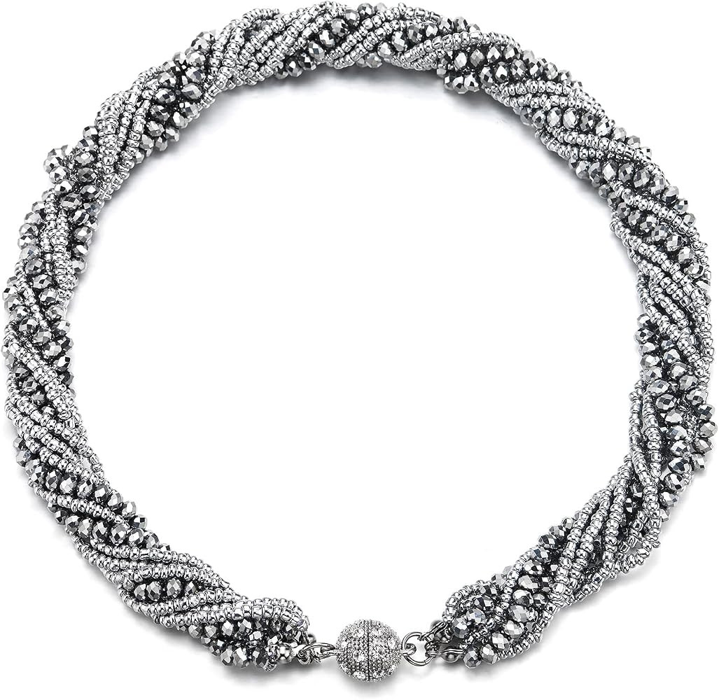COOLSTEELANDBEYOND Multi-Layer Beads Crystal Braided Chain Choker Collar Magnetic Clasp,Statement... | Amazon (US)