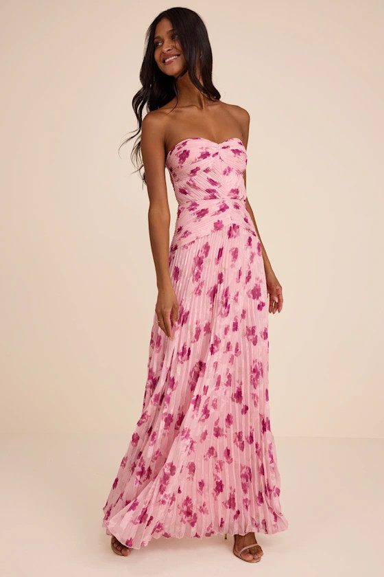 Marlene Light Pink Floral Pleated Drop Waist Maxi Dress | Lulus