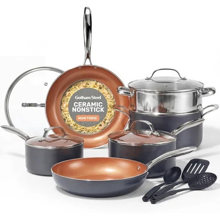 Gotham Steel 15 Pc Ceramic Pots and Pans Set Non Stick, Copper Cookeware Set with Utensils, Pot and Pan Set Nonstick, Induction Compatible with Stay Cool Handles, Copper | Walmart (US)