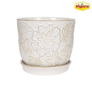Lorelai Medium White Floral Ceramic Planter with Drainage Hole and Attached Saucer (9.3 in. L x 9... | The Home Depot