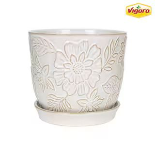 Vigoro 9.3 in. Lorelai Medium White Floral Ceramic Pot (9.3 in. D x 8.1 in. H) with Drainage Hole... | The Home Depot