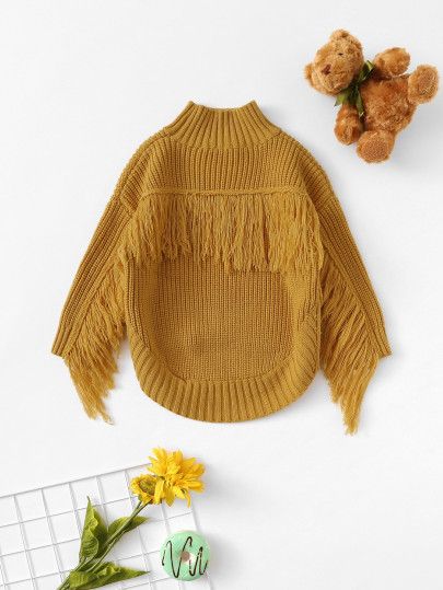 SHEIN Girls Fringe Patched Curved Hem Sweater | SHEIN