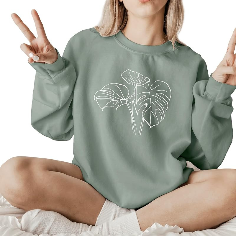 Monstera Plant Flower botanical plant Women's Long Sleeve Crewneck Sweatshirt flower Print Graphi... | Amazon (US)