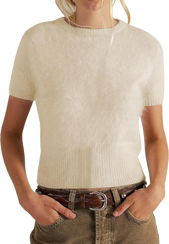 Women's Fuzzy Cropped Sweater Short Sleeve Oversized Soft Furry Pullover Loose Comfy Casual Knit ... | Amazon (US)