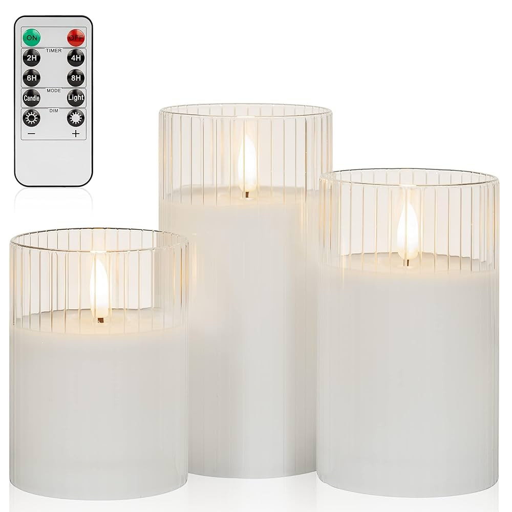 ANGELLOONG White Flameless Candles with Timer, Glass Flickering LED Candle with Remote, Set of 3 ... | Amazon (US)