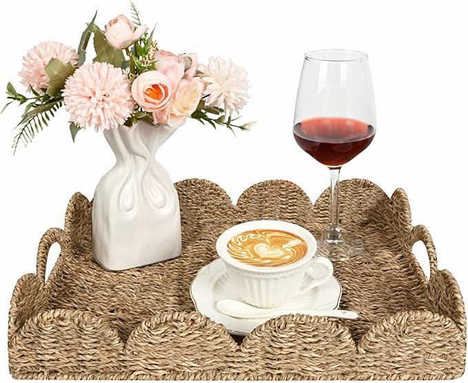 Scalloped Edge Rectangle Serving Tray, Handwoven Rattan Tray with Built-in Handles, Decorative Sc... | Amazon (US)