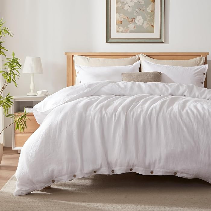 TOSMO 100% Linen Duvet Cover Set with Button Closure, 3 Pieces (1 Duvet Cover with 2 Pillowcases)... | Amazon (US)