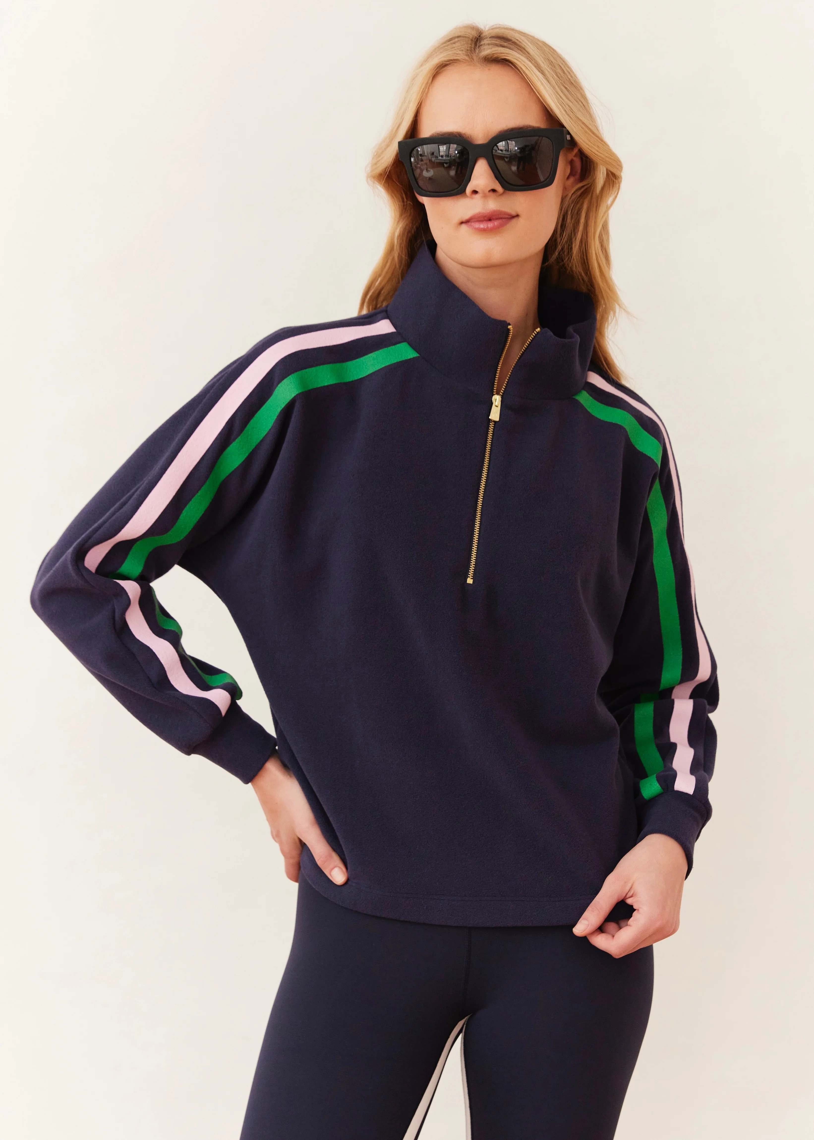 Marion Zip Pullover in Terry Fleece (Navy with Prism Pink and Jelly Bean Stripe) | Dudley Stephens