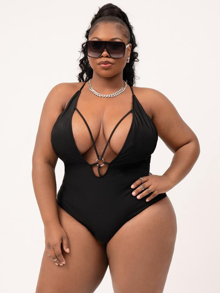 SHEIN SXY Plus Ring Linked Plunging One Piece Swimsuit | SHEIN
