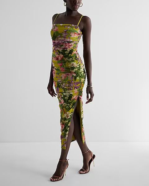 Body Contour Floral Mesh Ruched Side Slit Midi Dress | Express